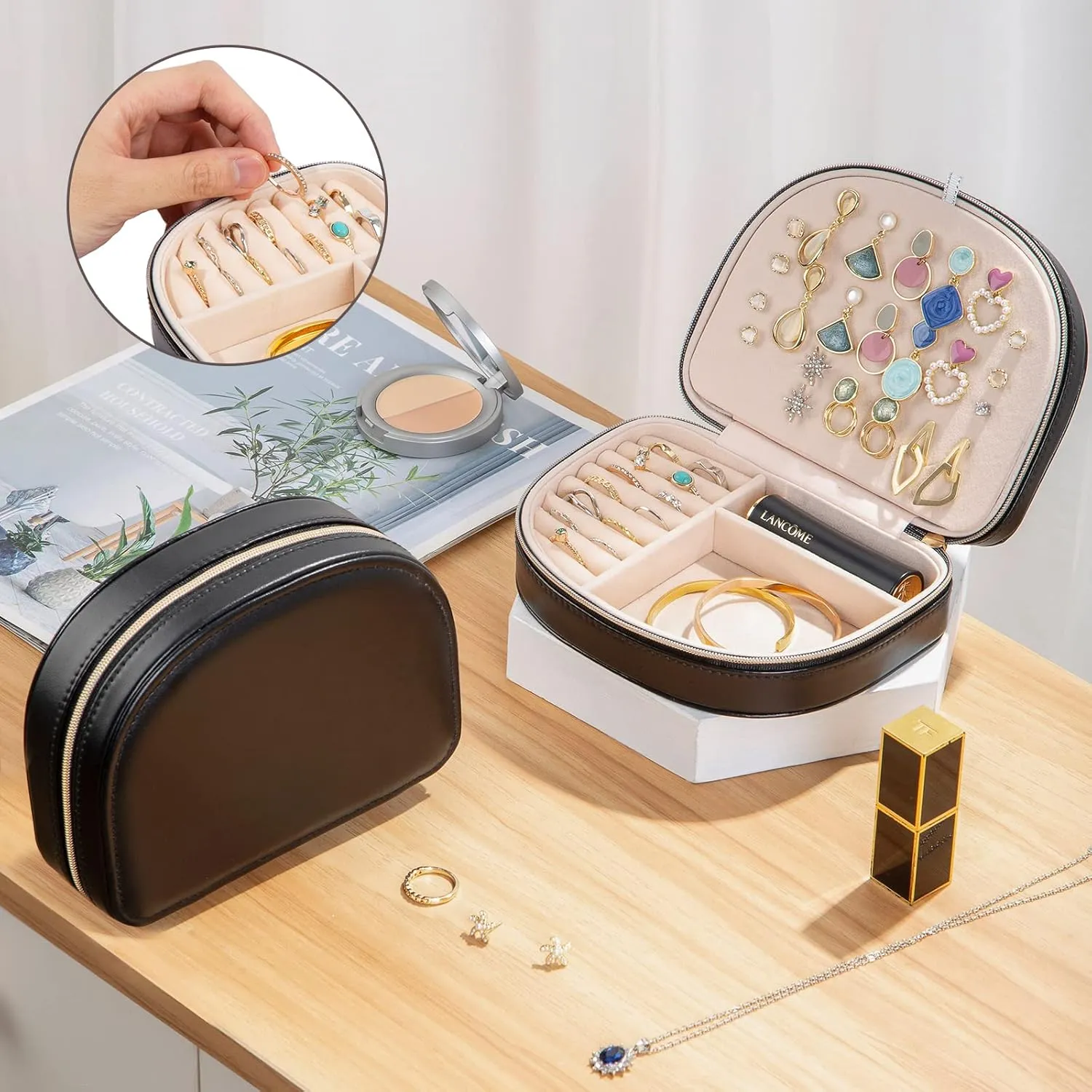 ProCase Travel Size Jewelry Box, Small Portable Seashell-Shaped Jewelry Case, 2 Layer Mini Jewelry Organizer in PU Leather for Women -Black