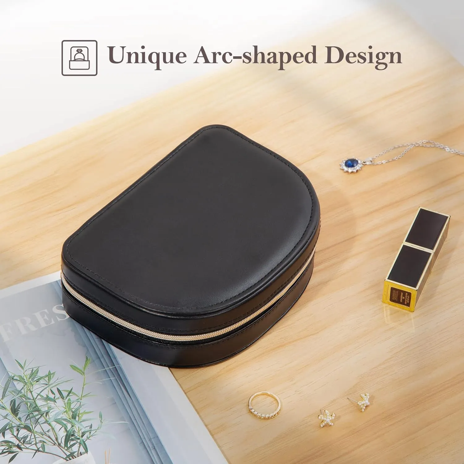 ProCase Travel Size Jewelry Box, Small Portable Seashell-Shaped Jewelry Case, 2 Layer Mini Jewelry Organizer in PU Leather for Women -Black