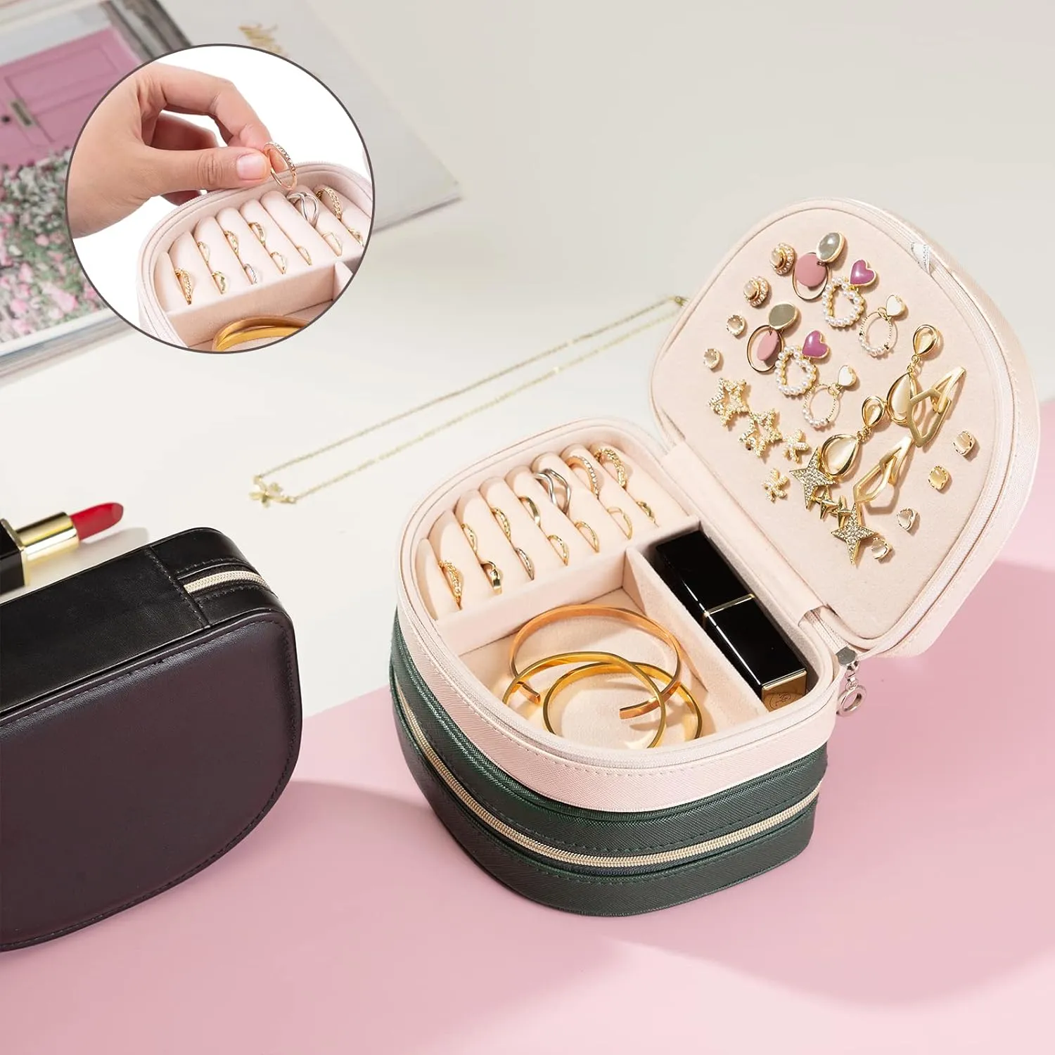 ProCase Travel Size Jewelry Box, Small Portable Seashell-Shaped Jewelry Case, 2 Layer Mini Jewelry Organizer in PU Leather for Women -Champagne