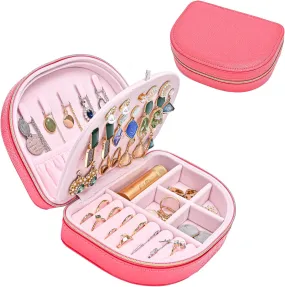ProCase Travel Size Jewelry Box, Small Portable Seashell-Shaped Jewelry Case, 2 Layer Mini Jewelry Organizer in PU Leather for Women -Glossy Pink