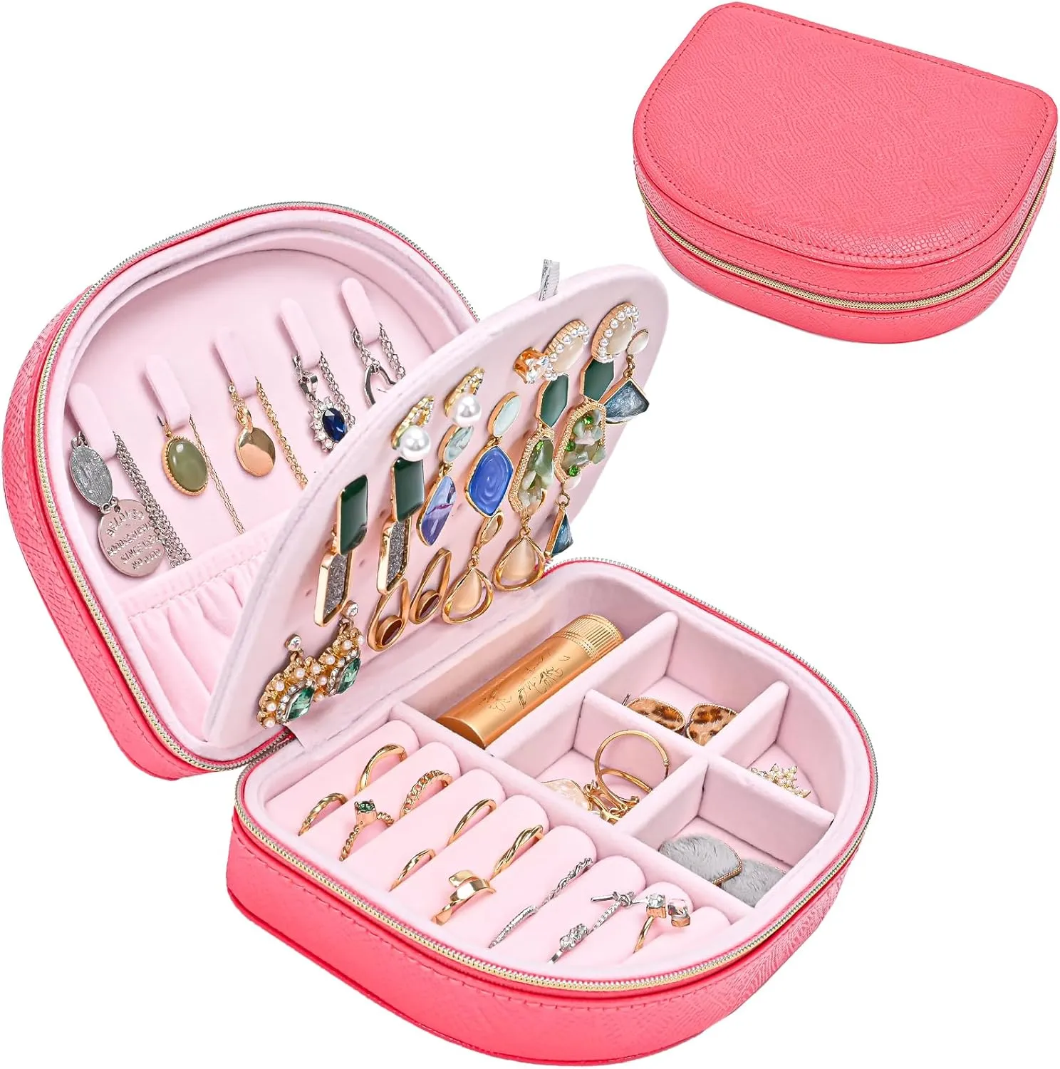 ProCase Travel Size Jewelry Box, Small Portable Seashell-Shaped Jewelry Case, 2 Layer Mini Jewelry Organizer in PU Leather for Women -Glossy Pink