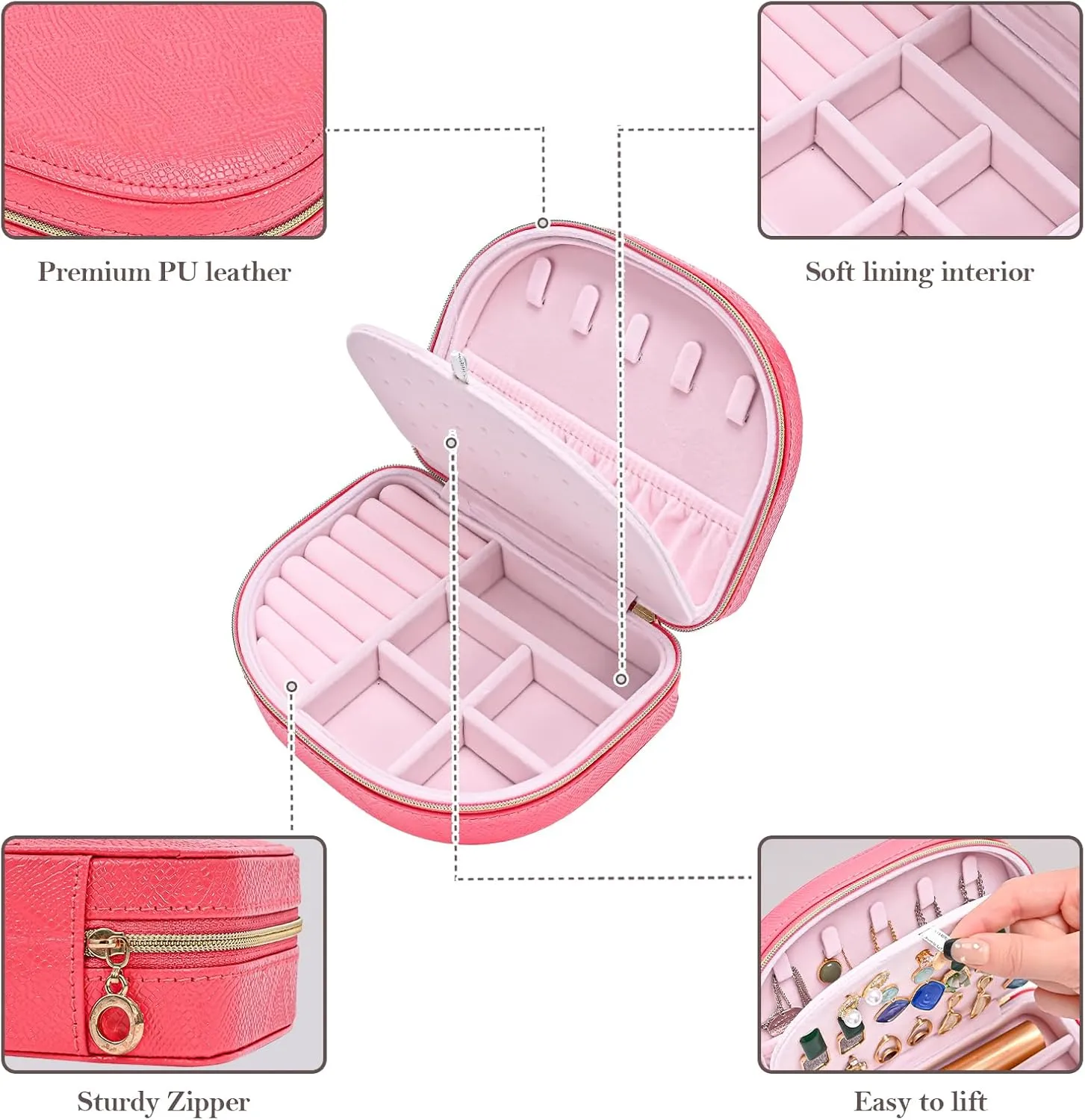 ProCase Travel Size Jewelry Box, Small Portable Seashell-Shaped Jewelry Case, 2 Layer Mini Jewelry Organizer in PU Leather for Women -Glossy Pink