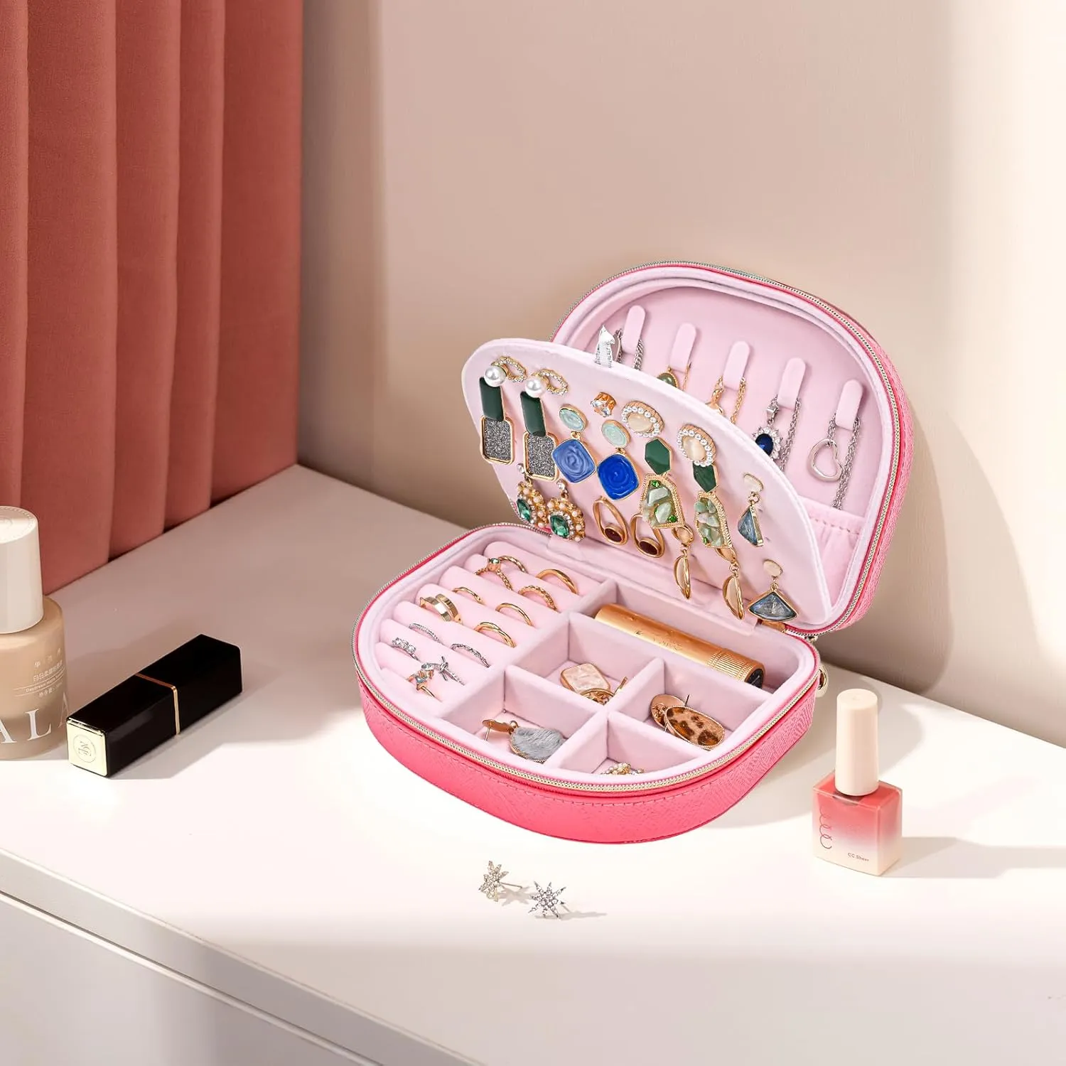 ProCase Travel Size Jewelry Box, Small Portable Seashell-Shaped Jewelry Case, 2 Layer Mini Jewelry Organizer in PU Leather for Women -Glossy Pink
