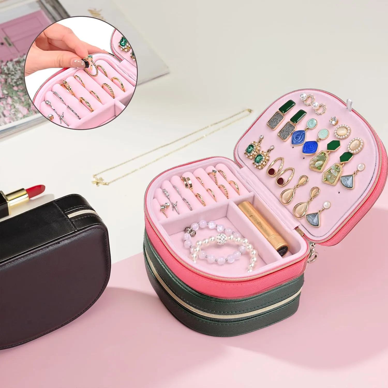 ProCase Travel Size Jewelry Box, Small Portable Seashell-Shaped Jewelry Case, 2 Layer Mini Jewelry Organizer in PU Leather for Women -Glossy Pink