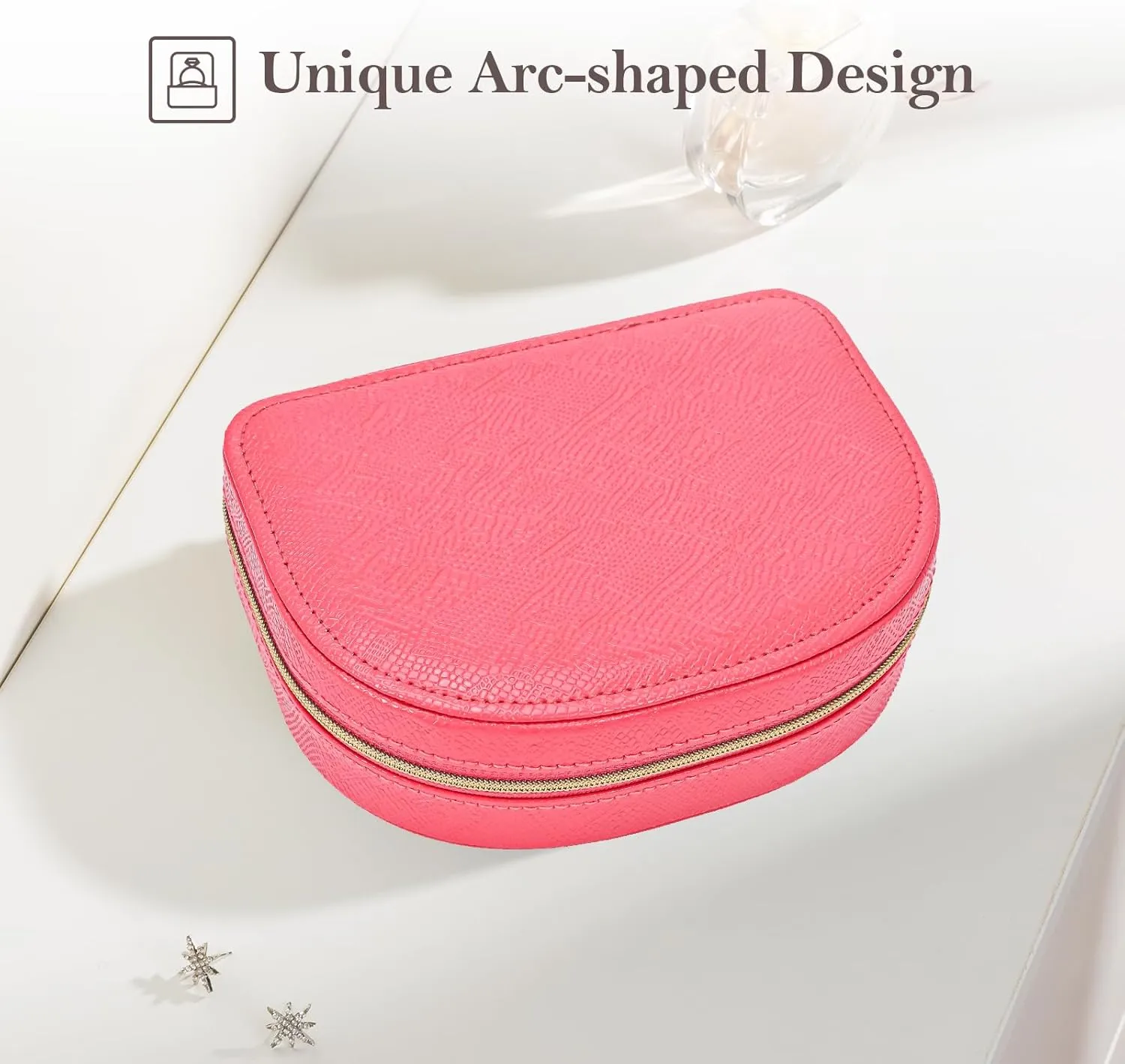 ProCase Travel Size Jewelry Box, Small Portable Seashell-Shaped Jewelry Case, 2 Layer Mini Jewelry Organizer in PU Leather for Women -Glossy Pink