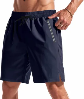 Quick Dry Shorts Men Summer Drawstring Elastic Waist Gym Shorts Baggy Lightweight Night Running Pants W/Zipper Pocket