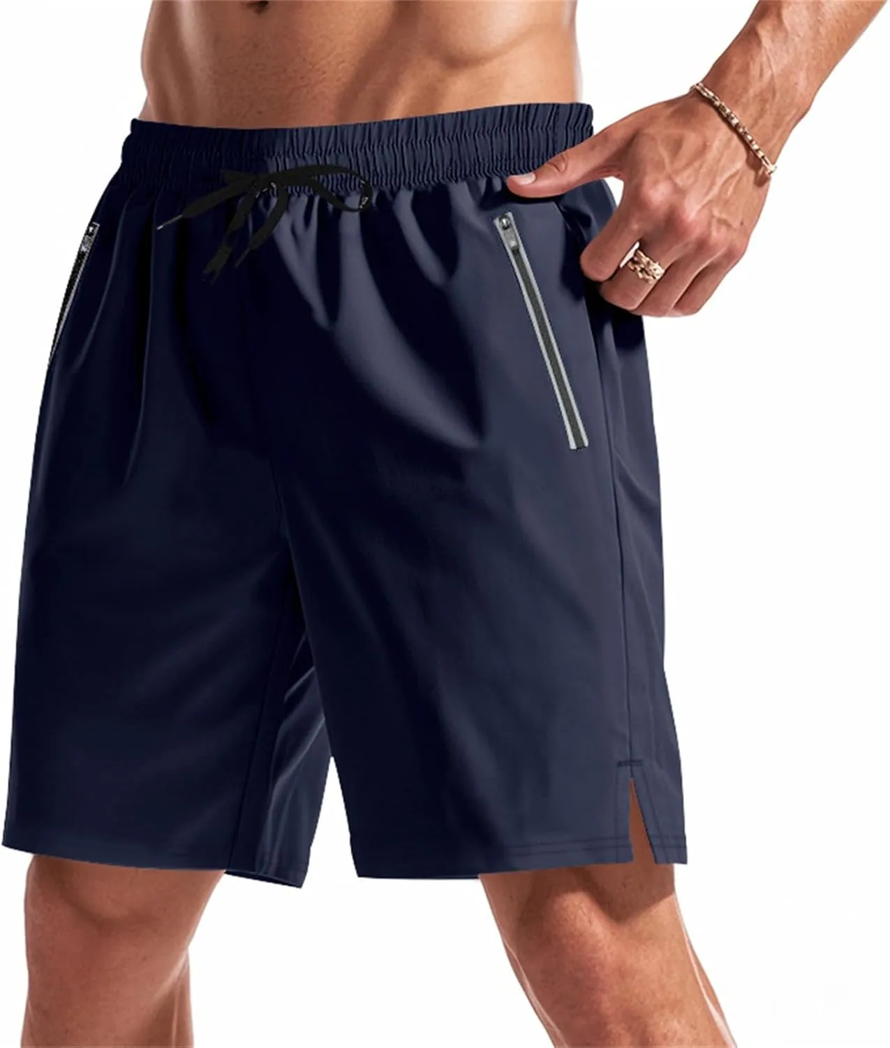 Quick Dry Shorts Men Summer Drawstring Elastic Waist Gym Shorts Baggy Lightweight Night Running Pants W/Zipper Pocket
