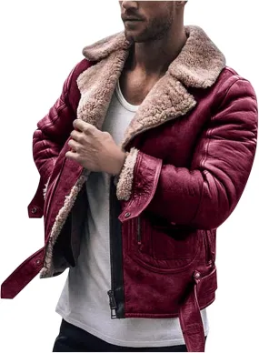 QWENTMTNTY Mens Faux Leather Bomber Jacket Winter Sherpa Fleece Motorcycle Jackets Zipper Warm Lined Shearling Coat Outwear