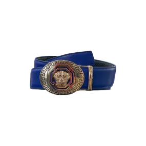 Royal Blue Men's Leathers Belt Gold Buckle Lion Head Greek Key