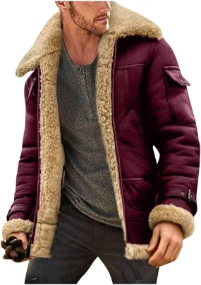 Sherpa Lined Faux Leather Jacket Men Fleece Lined Coat Aviator Shearling Sheepskin Fur Collar Winter Jacket