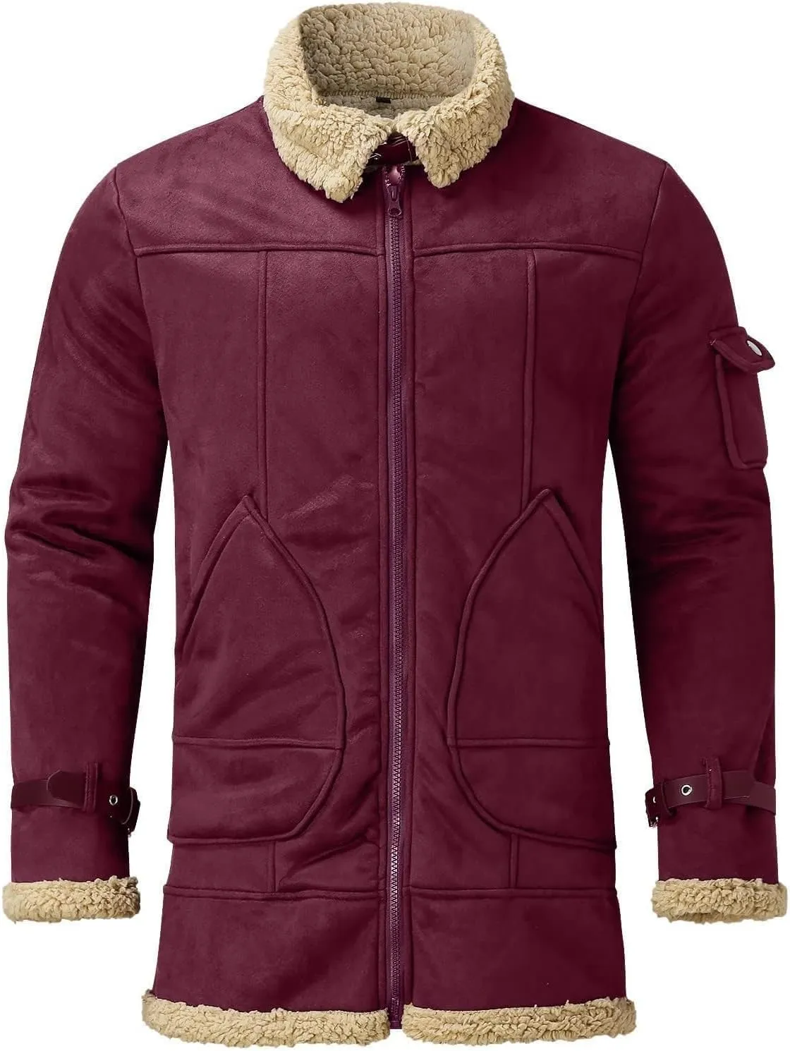 Sherpa Lined Faux Leather Jacket Men Fleece Lined Coat Aviator Shearling Sheepskin Fur Collar Winter Jacket
