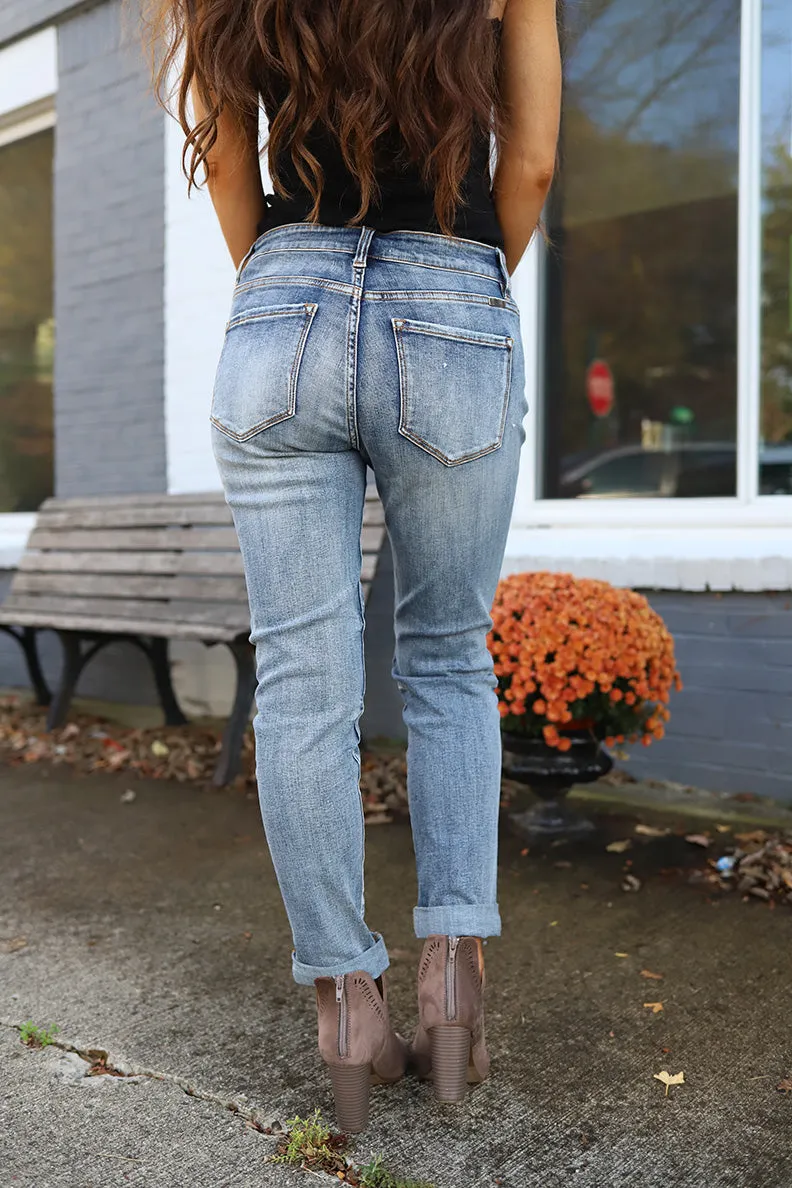 So Torn Mid-Rise Button Fly Distressed Girlfriend Jeans