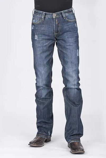 Stetson Mens Blue Cotton Blend Destruction Dark Wash Bootcut Rocks Jeans Style 11-004-1014-3000