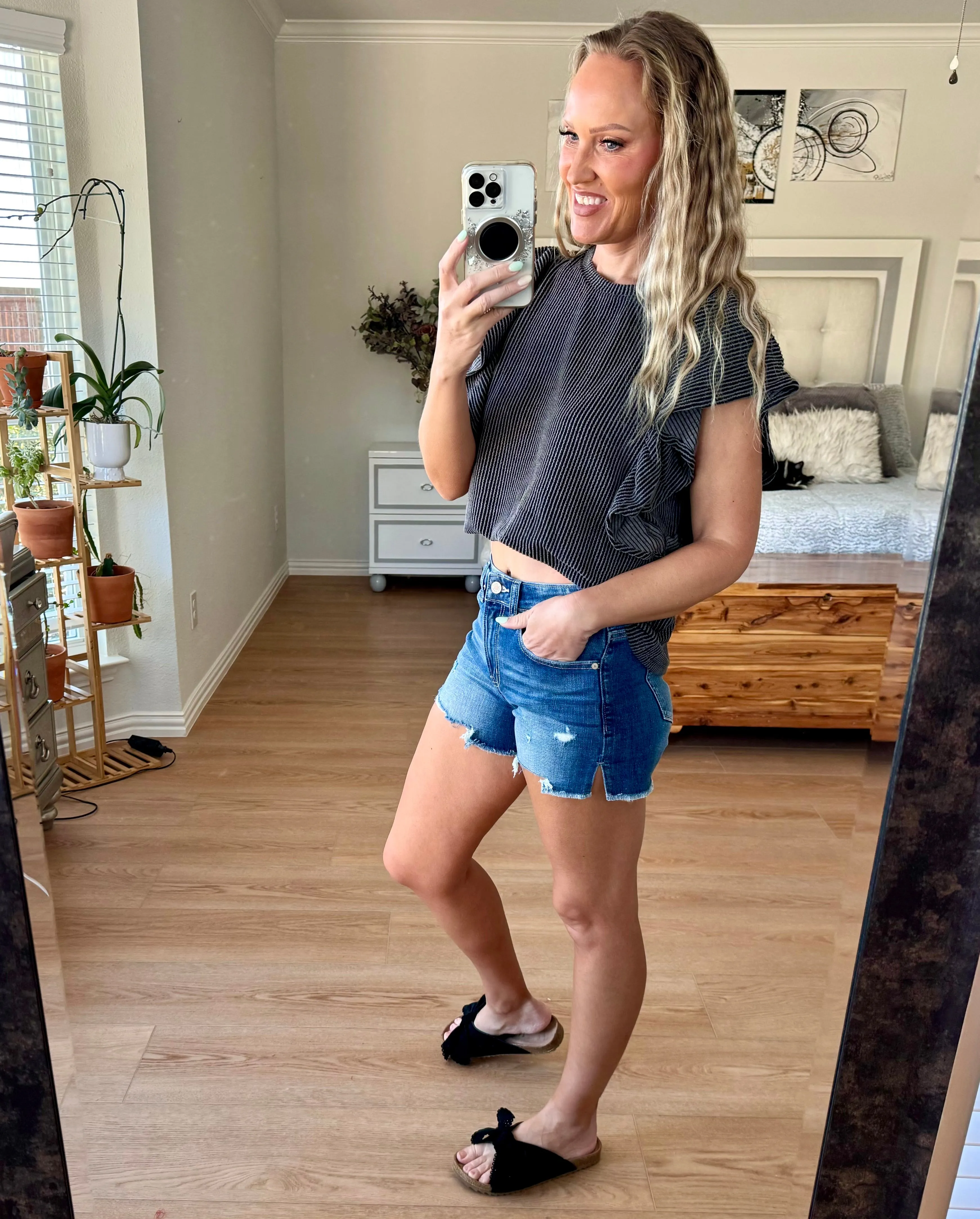 Tania Raw Hem Side Slit Zenana Denim Shorts
