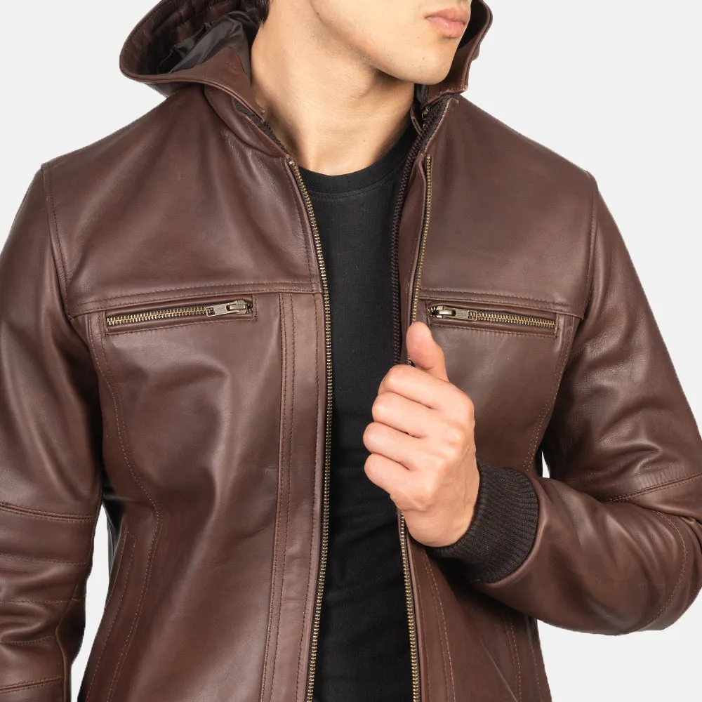Trending Brown Bomber Hooded Leather Jacket For Men