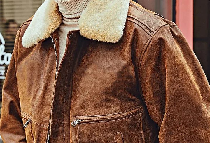 Vintage Style Flying F-19 Army Faux Fur Collar Real Leather Jacket by TJS