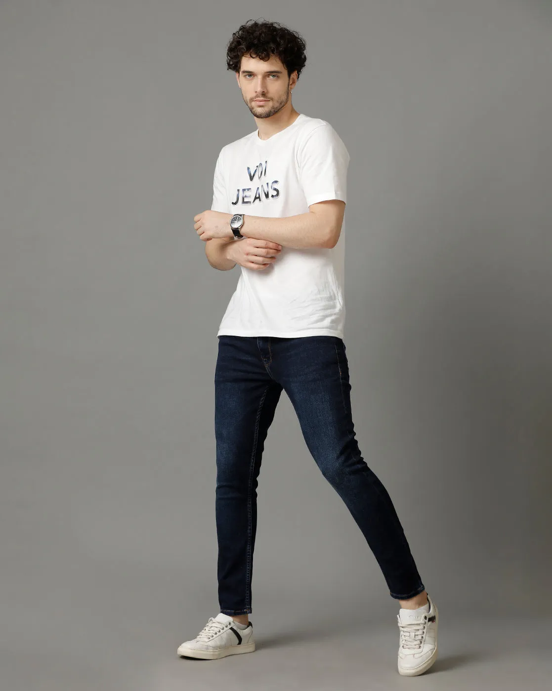 Voi Jeans Men Skinny Fit Light Fade Clean Look Stretchable Cropped Jeans