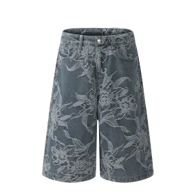 Wide Leg Denim Shorts with Floral Embroidery