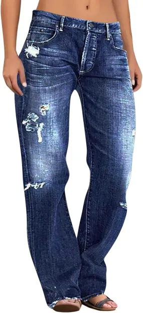 Women Distressed Straight Leg Jeans Boyfriend High Waited Baggy Sweatpants Y2K Streetwear Denim Pants with Pocket