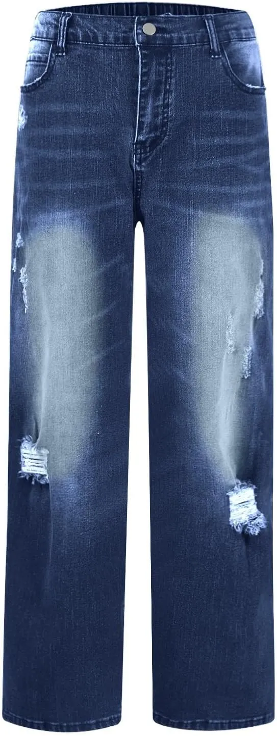 Women Distressed Straight Leg Jeans Boyfriend High Waited Baggy Sweatpants Y2K Streetwear Denim Pants with Pocket
