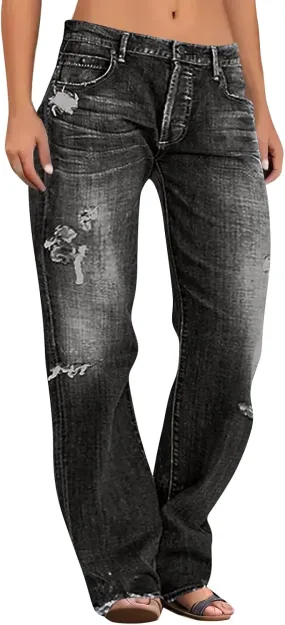 Women Distressed Straight Leg Jeans Boyfriend High Waited Baggy Sweatpants Y2K Streetwear Denim Pants with Pocket