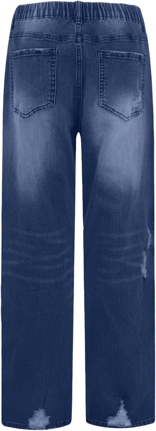 Women Distressed Straight Leg Jeans Boyfriend High Waited Baggy Sweatpants Y2K Streetwear Denim Pants with Pocket