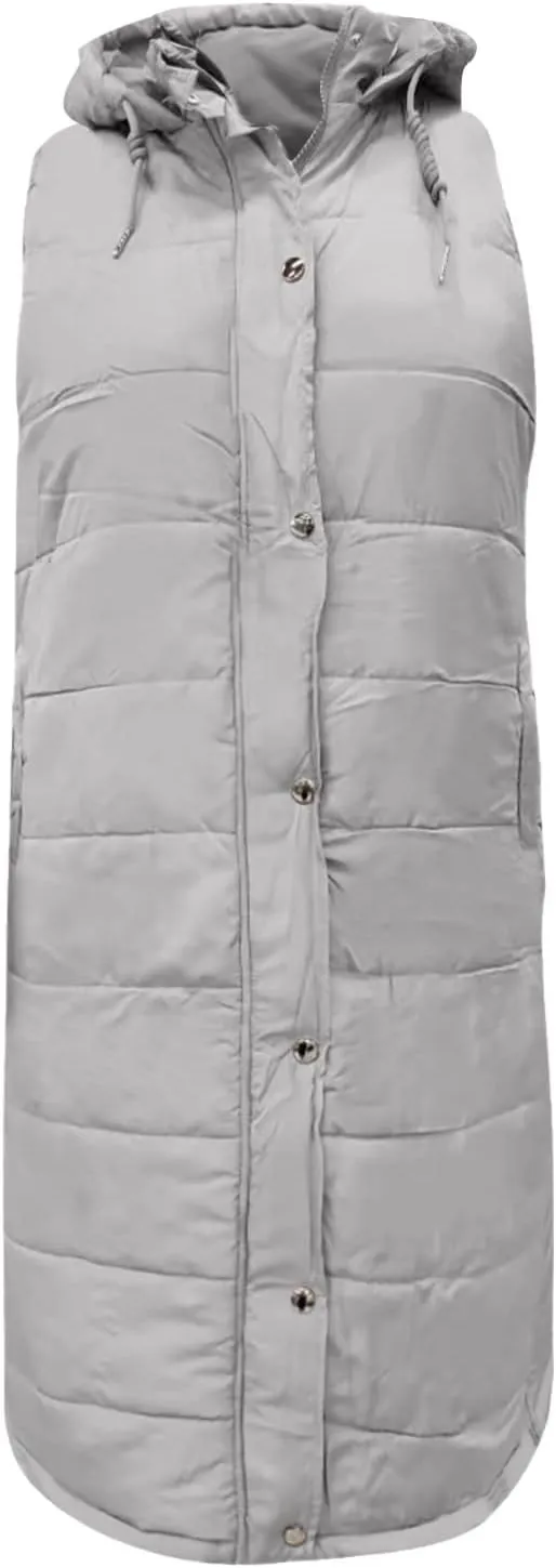 Women Long Puffer Vest Jacket Winter Coat Full Zipper Sleeveless Down Coats with Hooded Warm Thickened Windbreakers