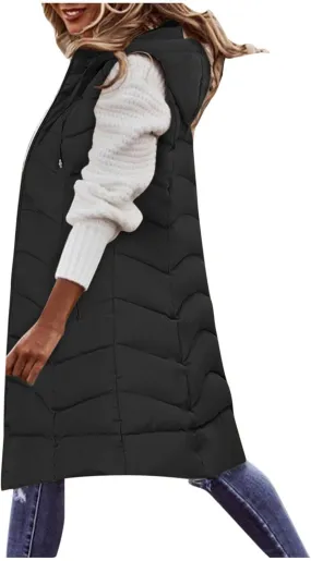 Women Long Puffer Vest Jacket Winter Coat Full Zipper Sleeveless Down Coats with Hooded Warm Thickened Windbreakers