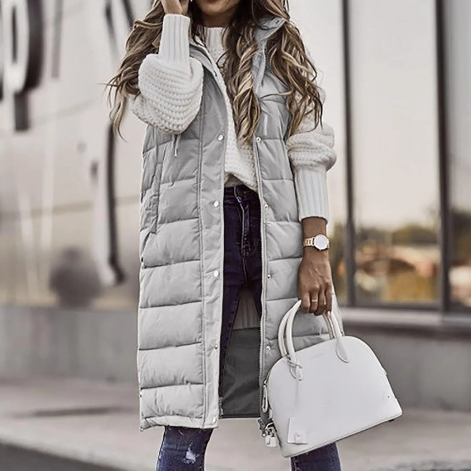Women Long Puffer Vest Jacket Winter Coat Full Zipper Sleeveless Down Coats with Hooded Warm Thickened Windbreakers