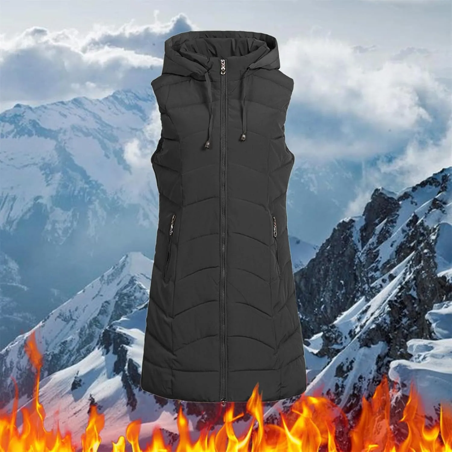 Women Long Puffer Vest Jacket Winter Coat Full Zipper Sleeveless Down Coats with Hooded Warm Thickened Windbreakers