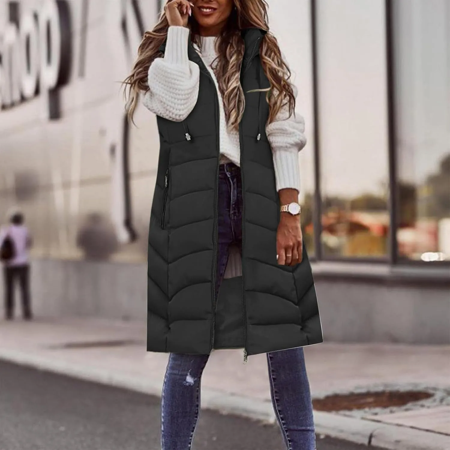 Women Long Puffer Vest Jacket Winter Coat Full Zipper Sleeveless Down Coats with Hooded Warm Thickened Windbreakers
