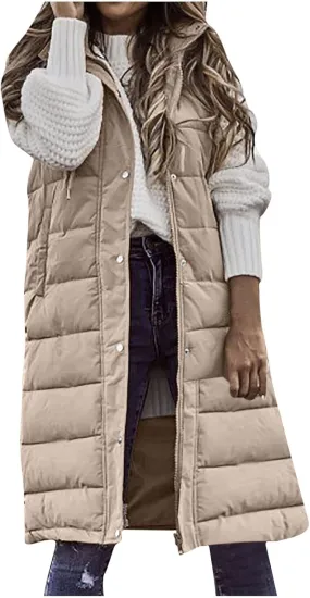 Women Long Puffer Vest Jacket Winter Coat Full Zipper Sleeveless Down Coats with Hooded Warm Thickened Windbreakers