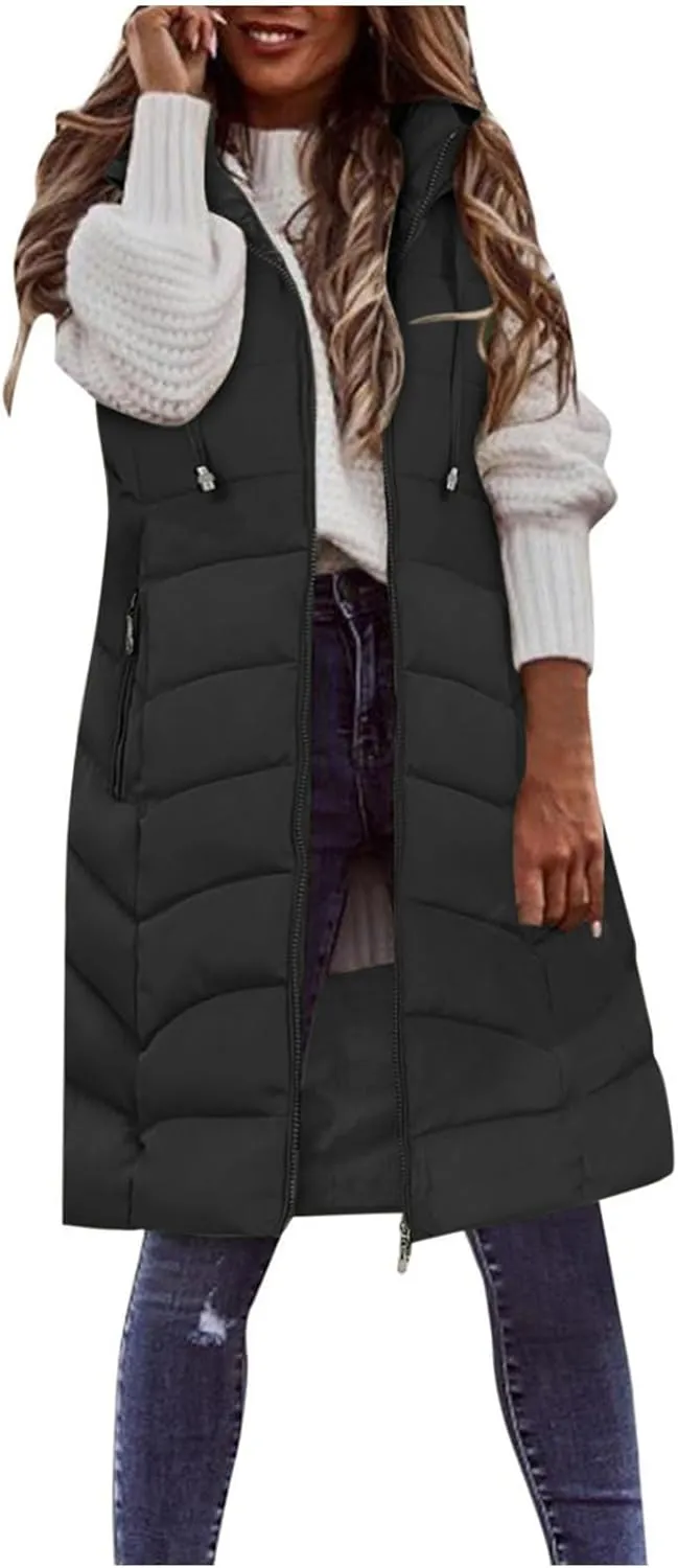 Women Long Puffer Vest Jacket Winter Coat Full Zipper Sleeveless Down Coats with Hooded Warm Thickened Windbreakers