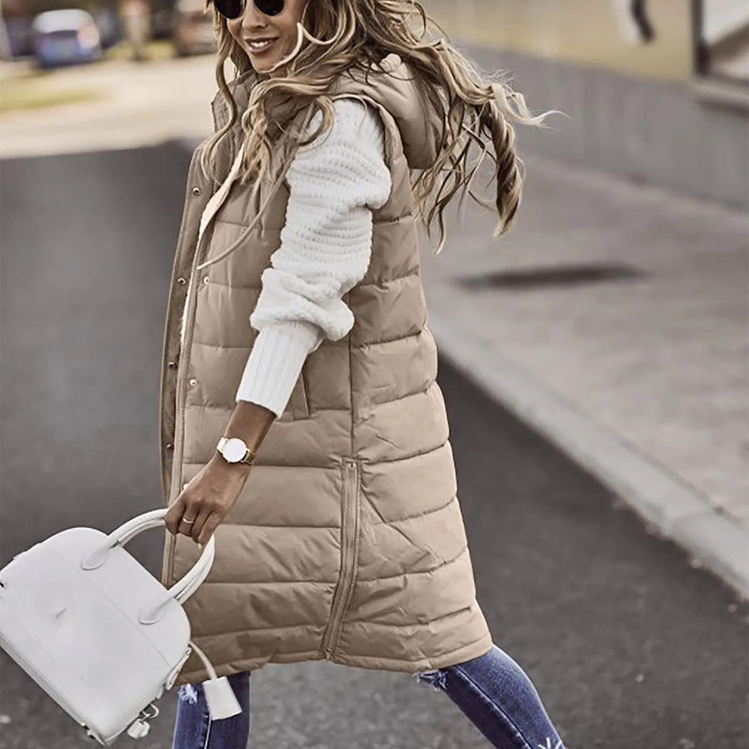 Women Long Puffer Vest Jacket Winter Coat Full Zipper Sleeveless Down Coats with Hooded Warm Thickened Windbreakers