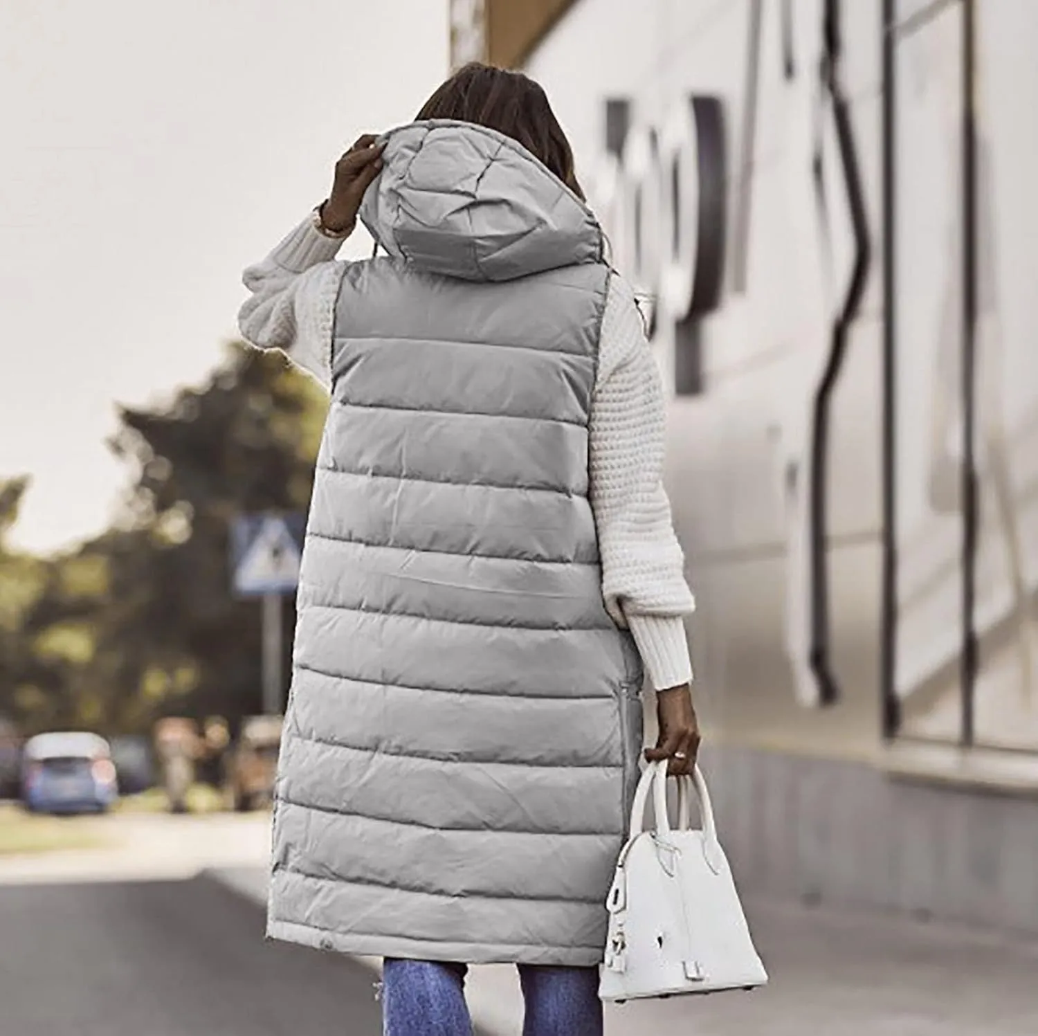 Women Long Puffer Vest Jacket Winter Coat Full Zipper Sleeveless Down Coats with Hooded Warm Thickened Windbreakers