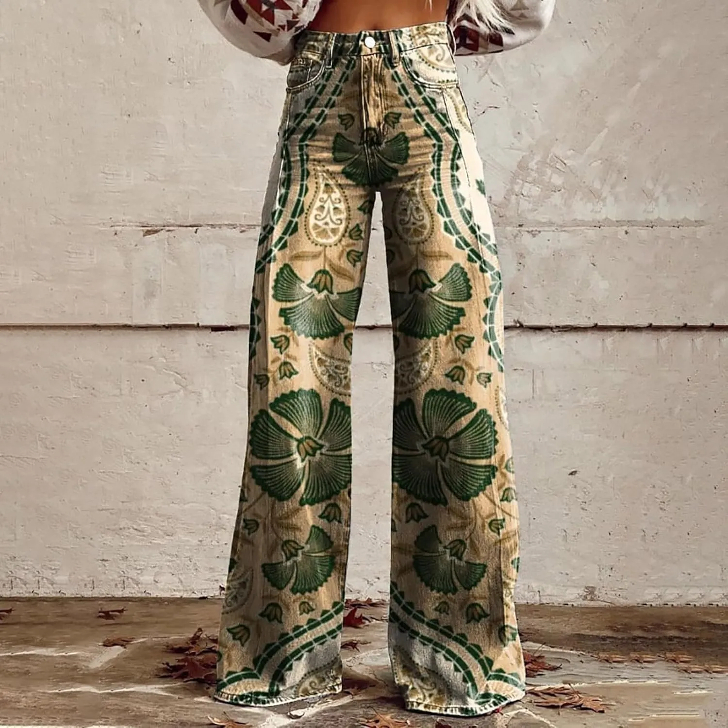 Women's Flare Jeans Wide Leg Baggy Pant Vintage Floral Print High Waisted Straight Stretch Pants with Pocket 2025