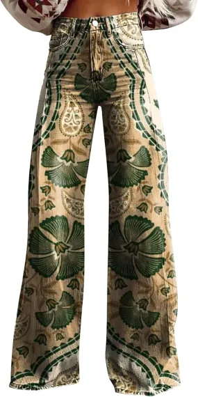 Women's Flare Jeans Wide Leg Baggy Pant Vintage Floral Print High Waisted Straight Stretch Pants with Pocket 2025