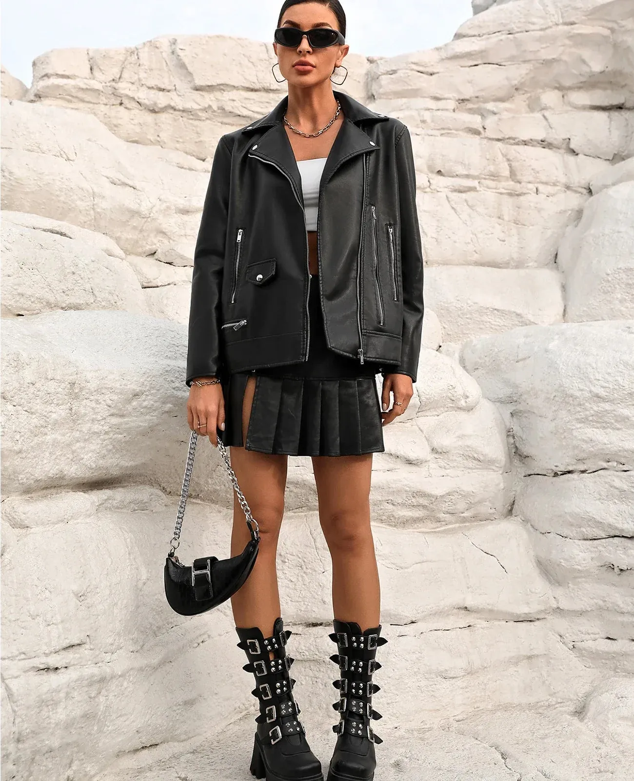 Women's Notch Lapel Faux-Leather Zip-Up Moto Jacket