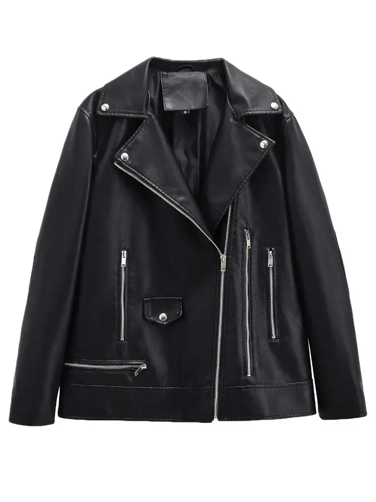 Women's Notch Lapel Faux-Leather Zip-Up Moto Jacket