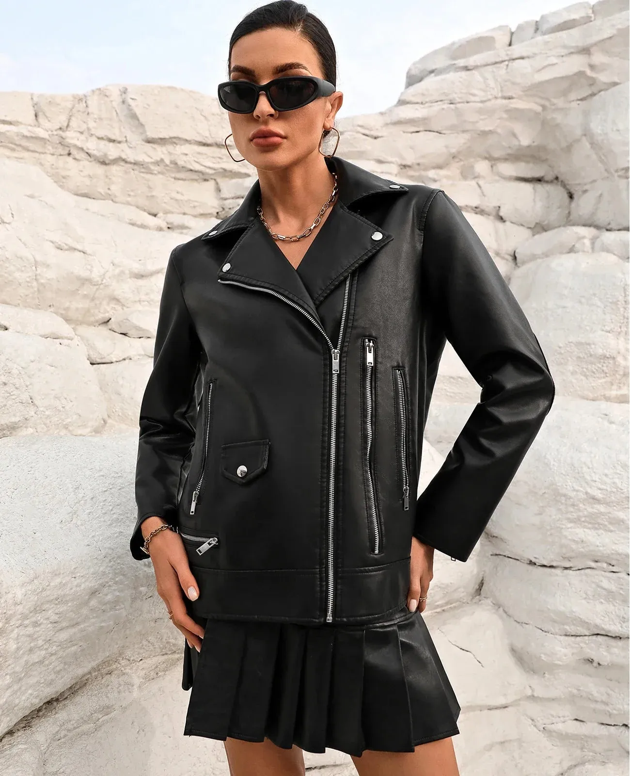 Women's Notch Lapel Faux-Leather Zip-Up Moto Jacket