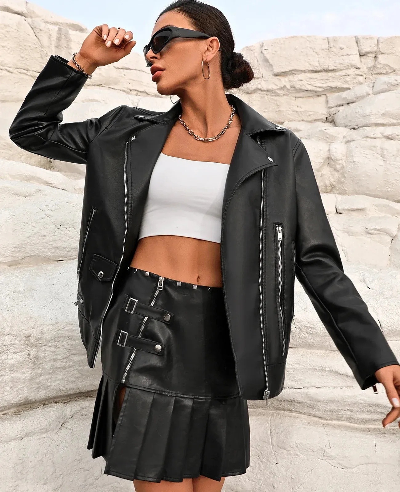Women's Notch Lapel Faux-Leather Zip-Up Moto Jacket