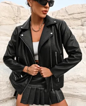 Women's Notch Lapel Faux-Leather Zip-Up Moto Jacket