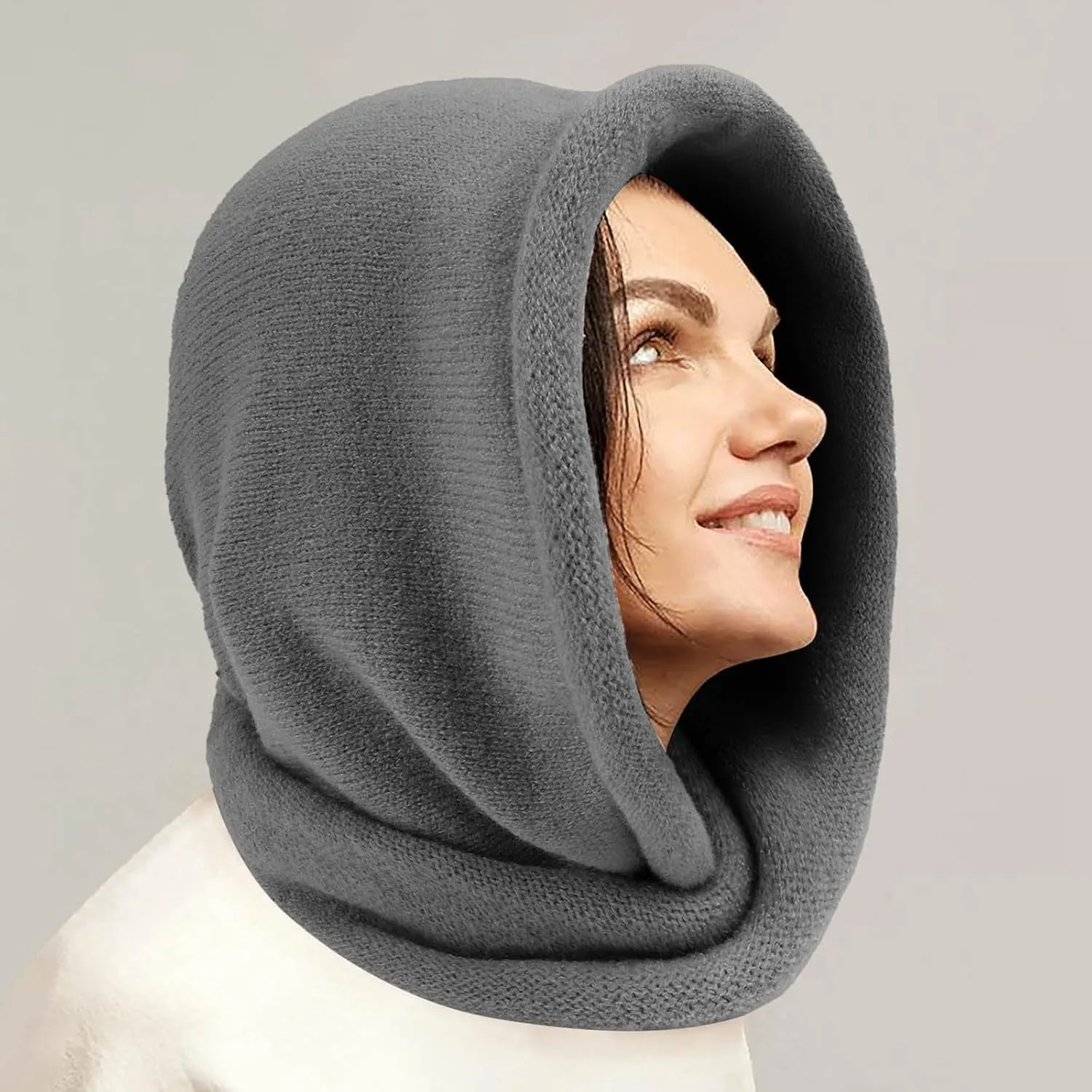 Women's Solid Color Winter Scarf Hat Combo Plush Knit Headscarf with Faux Caps