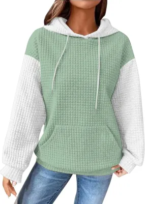 Womens Waffle Knit Hooded Sweatshirts Casual Long Sleeve Ladies Sweatshirts Tops Color Patchwork Hoodies Tops