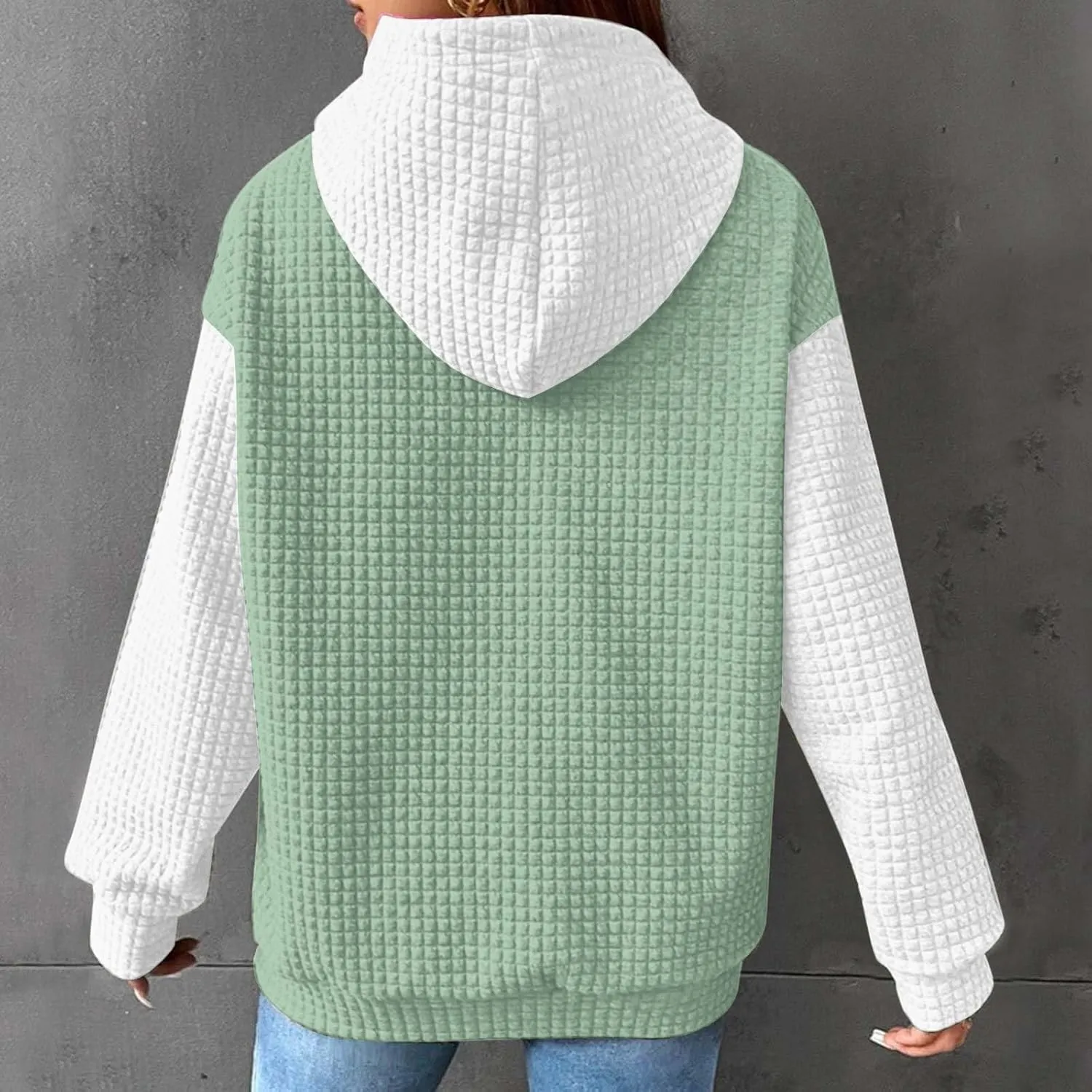 Womens Waffle Knit Hooded Sweatshirts Casual Long Sleeve Ladies Sweatshirts Tops Color Patchwork Hoodies Tops