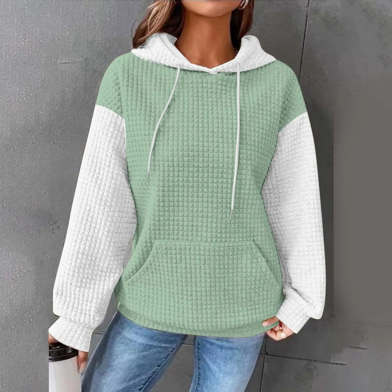 Womens Waffle Knit Hooded Sweatshirts Casual Long Sleeve Ladies Sweatshirts Tops Color Patchwork Hoodies Tops