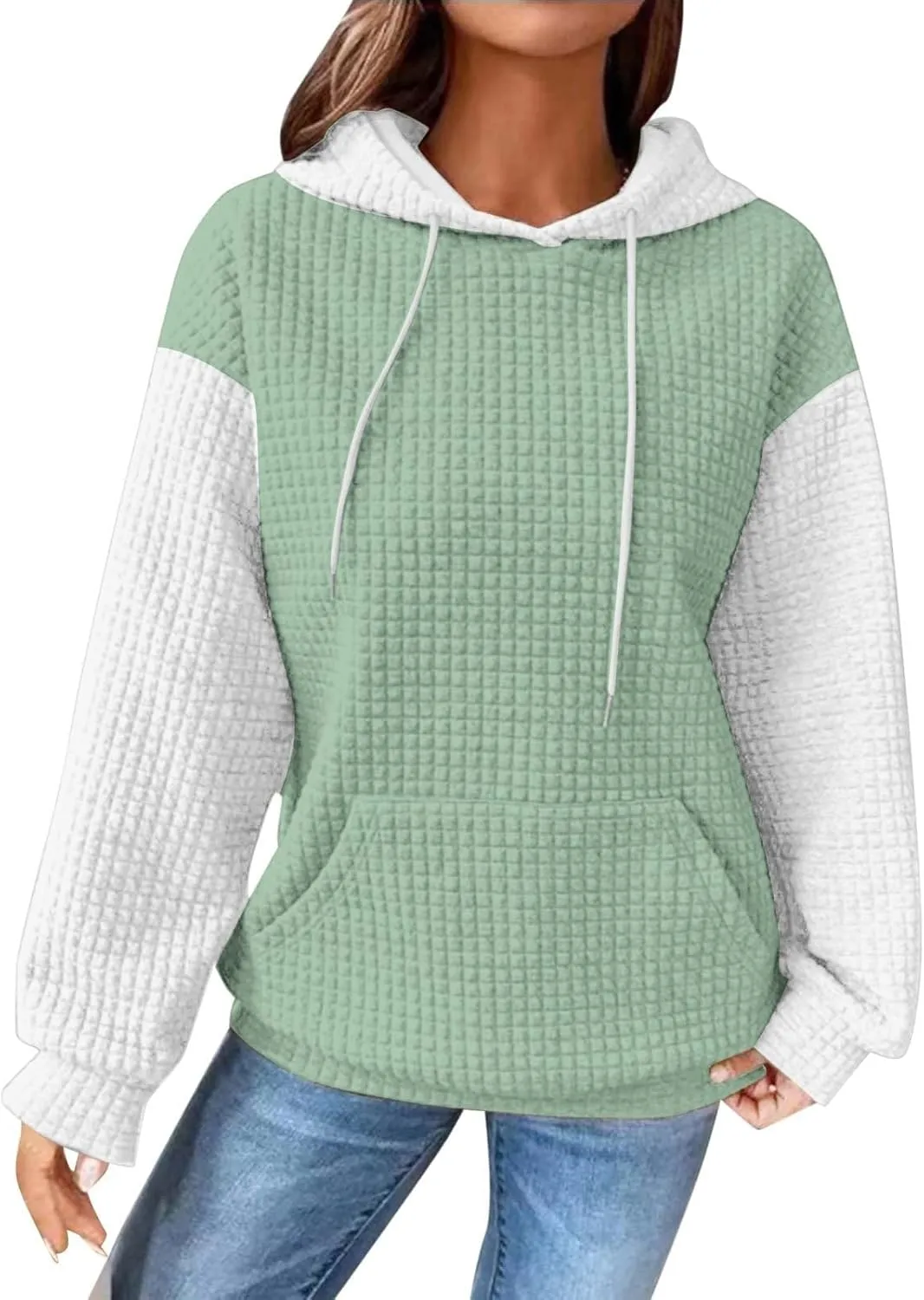 Womens Waffle Knit Hooded Sweatshirts Casual Long Sleeve Ladies Sweatshirts Tops Color Patchwork Hoodies Tops