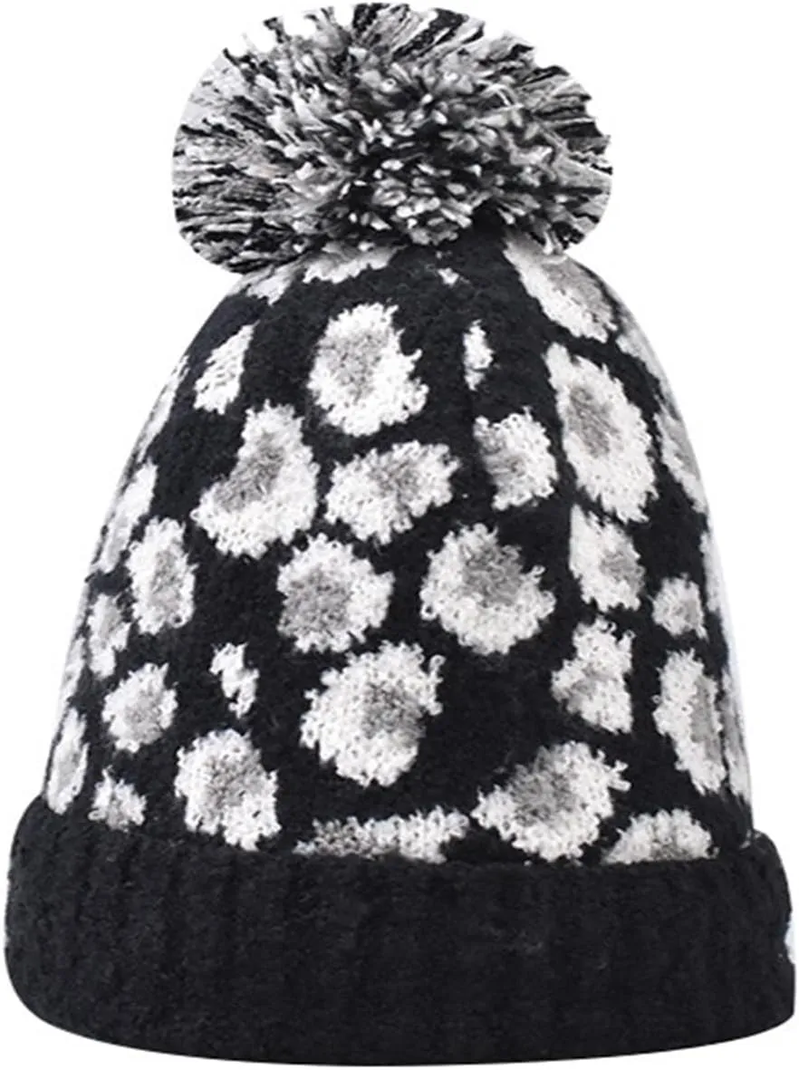 Womens Winter Knitted Beanie Hat with Faux Fur Pom Classic Warm Leopard Print Knit Skull Cap Knitted Beanie Hats
