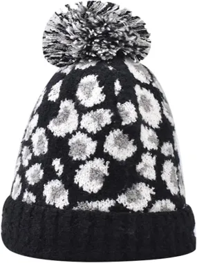 Womens Winter Knitted Beanie Hat with Faux Fur Pom Classic Warm Leopard Print Knit Skull Cap Knitted Beanie Hats