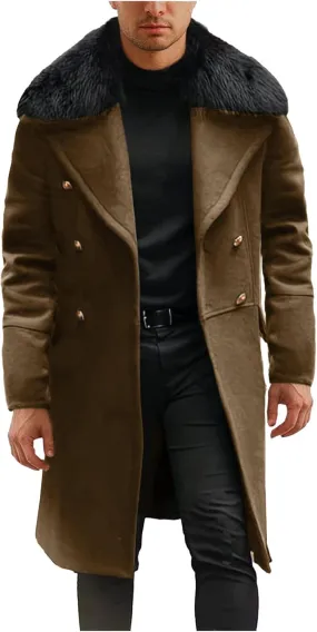 yardsong Mens Fashion Trench Coat Wool Blend Faux Fur Collar Lapel Pea Coats Double Breasted Slim Fit Winter Jackets
